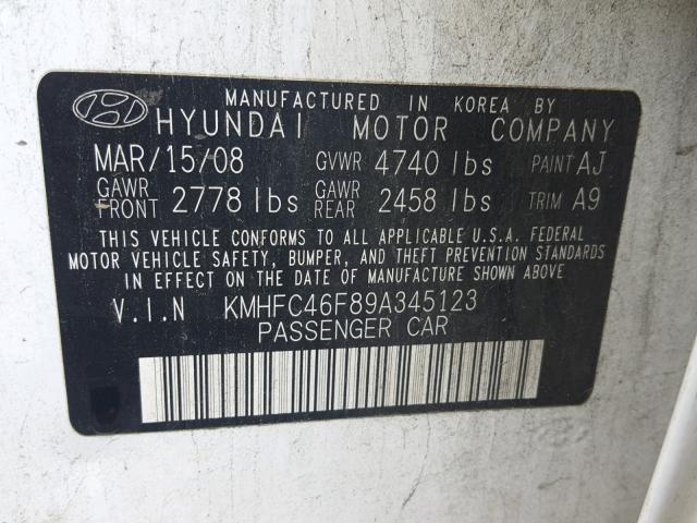 KMHFC46F89A345123 - 2009 HYUNDAI AZERA SE WHITE photo 10