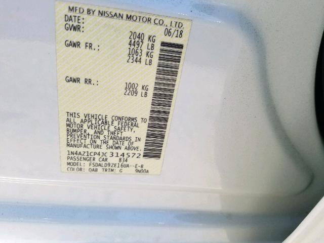 1N4AZ1CP4JC314572 - 2018 NISSAN LEAF S WHITE photo 10