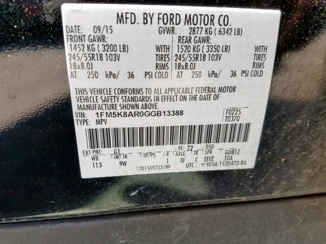 1FM5K8AR0GGB13388 - 2016 FORD EXPLORER P BLACK photo 10