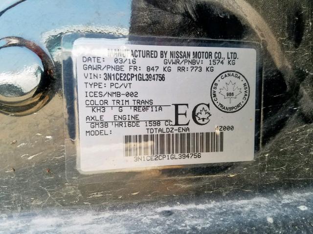 3N1CE2CP1GL394756 - 2016 NISSAN VERSA NOTE BLACK photo 10