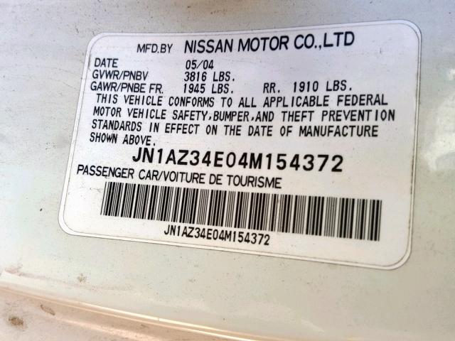 JN1AZ34E04M154372 - 2004 NISSAN 350Z COUPE WHITE photo 10