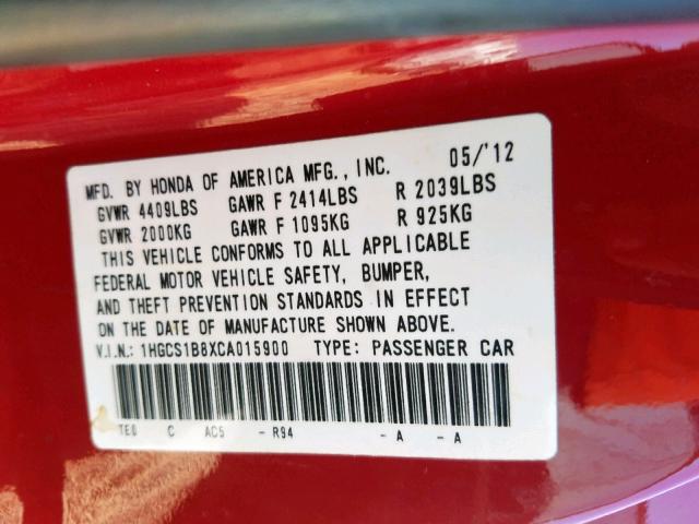 1HGCS1B8XCA015900 - 2012 HONDA ACCORD EXL RED photo 10