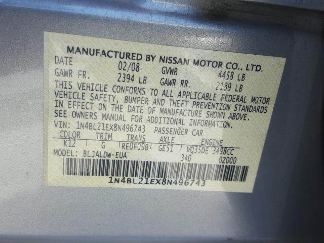 1N4BL21EX8N496743 - 2008 NISSAN ALTIMA 3.5 SILVER photo 10