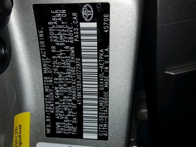 4T1BK1EBXJU272970 - 2018 TOYOTA AVALON XLE SILVER photo 10