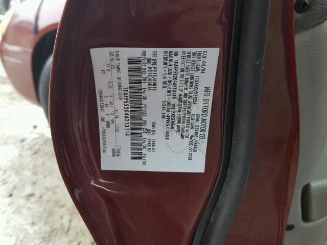 1FAFP55204A213114 - 2004 FORD TAURUS SES BURGUNDY photo 10