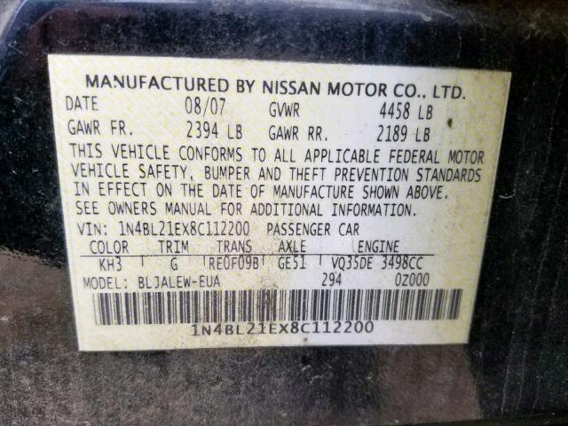 1N4BL21EX8C112200 - 2008 NISSAN ALTIMA 3.5 BLACK photo 10