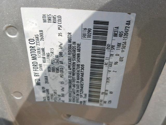 1FTZR45E79PA67305 - 2009 FORD RANGER SUP GRAY photo 10