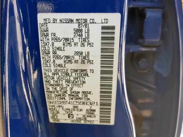 5N1ED28T41C598321 - 2001 NISSAN XTERRA XE BLUE photo 10