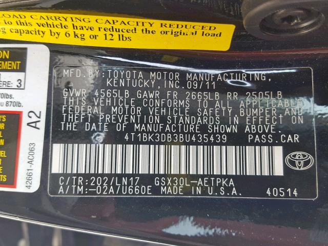 4T1BK3DB3BU435439 - 2011 TOYOTA AVALON BAS BLACK photo 10