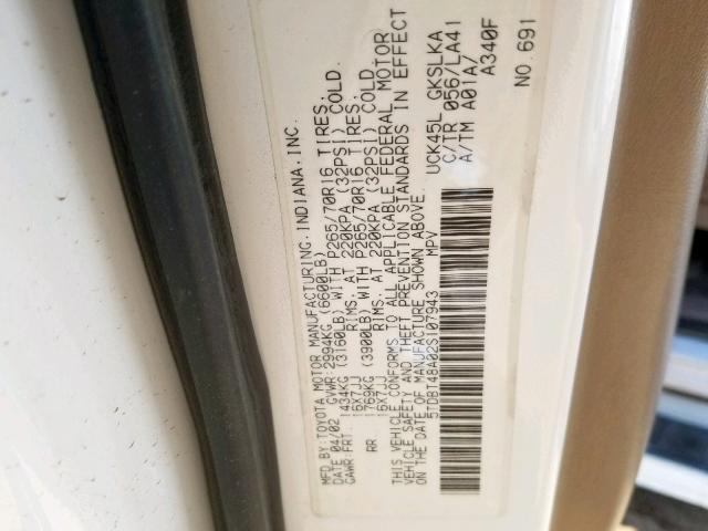 5TDBT48A02S107943 - 2002 TOYOTA SEQUOIA LI WHITE photo 10