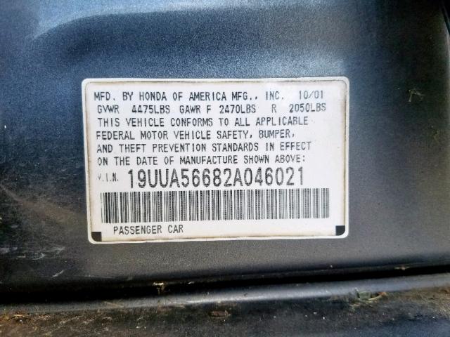 19UUA56682A046021 - 2002 ACURA 3.2TL CHARCOAL photo 10