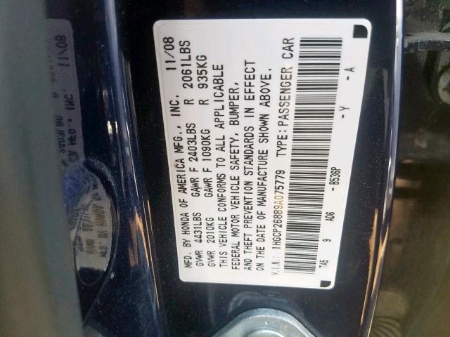 1HGCP26889A075779 - 2009 HONDA ACCORD EXL BLUE photo 10