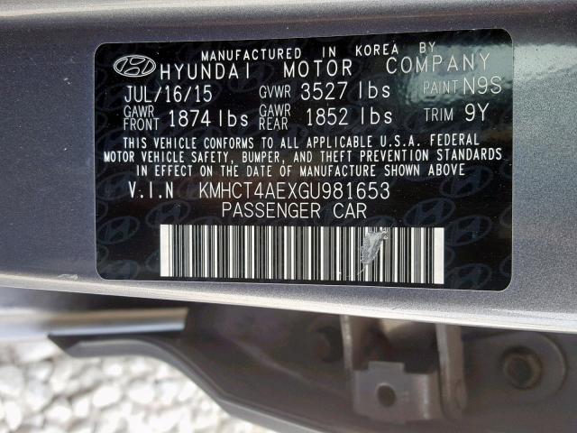 KMHCT4AEXGU981653 - 2016 HYUNDAI ACCENT SE GRAY photo 10