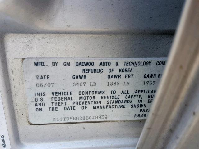 KL1TD56628B049959 - 2008 CHEVROLET AVEO BASE 银色 照片 10