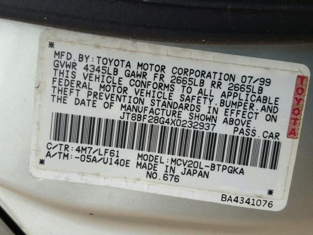 JT8BF28G4X0232937 - 1999 LEXUS ES 300 TAN photo 10