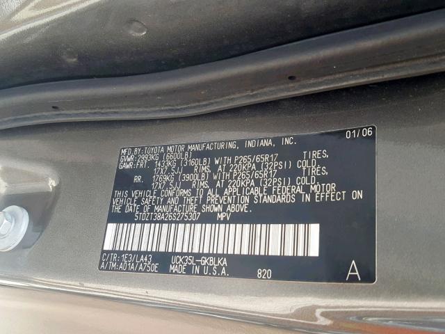 5TDZT38A26S275307 - 2006 TOYOTA SEQUOIA LI GRAY photo 10