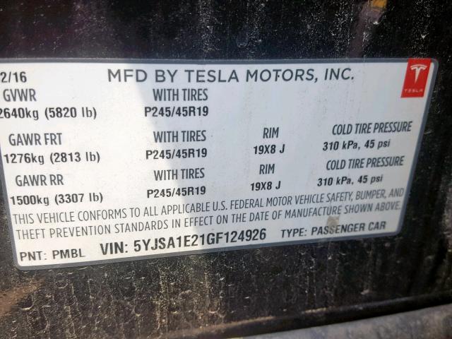 5YJSA1E21GF124926 - 2016 TESLA MODEL S BLACK photo 10