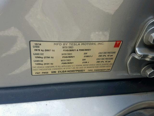 5YJSA1H28EFP66651 - 2014 TESLA MODEL S Արծաթագույն լուսանկար 10
