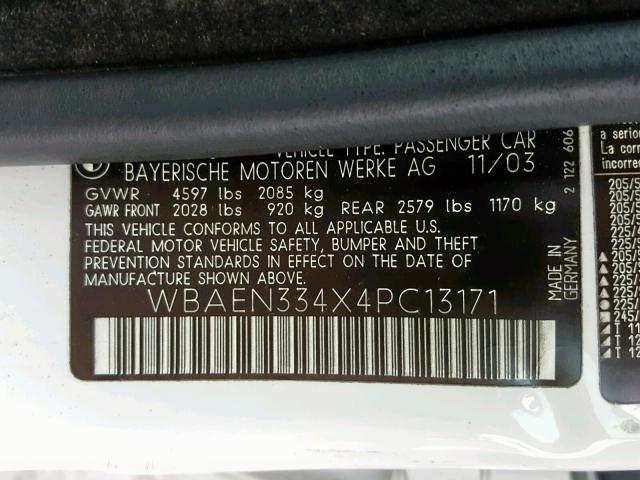 WBAEN334X4PC13171 - 2004 BMW 325 IT WHITE photo 10