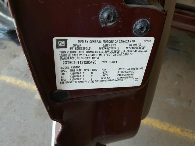 2GTEC19T131285428 - 2003 GMC NEW SIERRA BURGUNDY photo 10