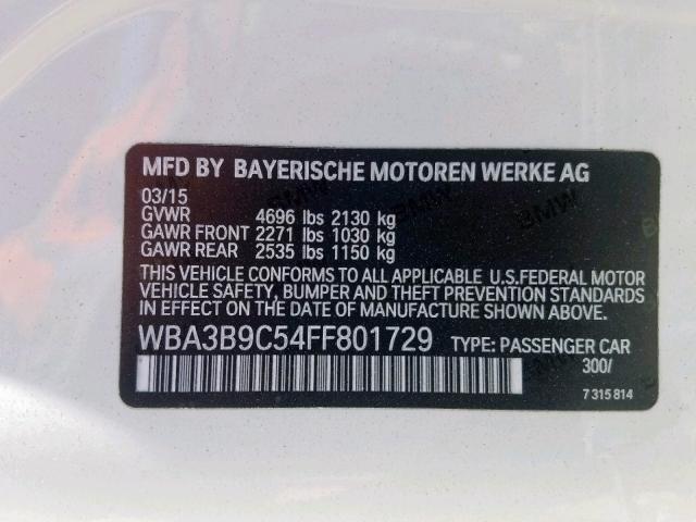 WBA3B9C54FF801729 - 2015 BMW 335 XI WHITE photo 10