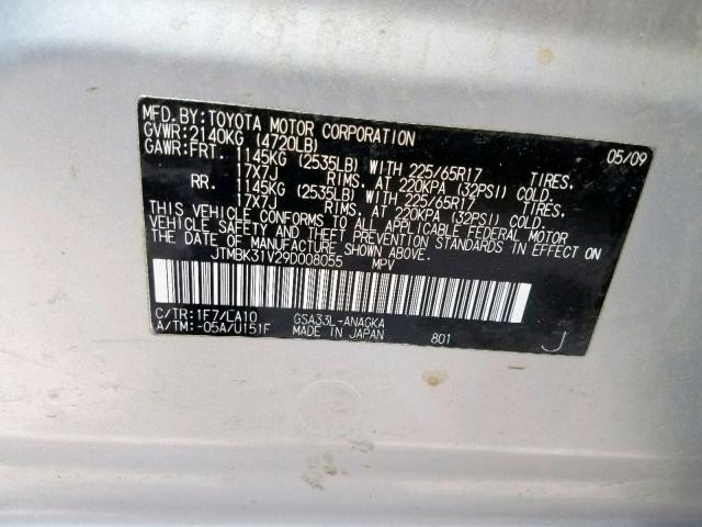 JTMBK31V29D008055 - 2009 TOYOTA RAV4 LIMIT SILVER photo 10