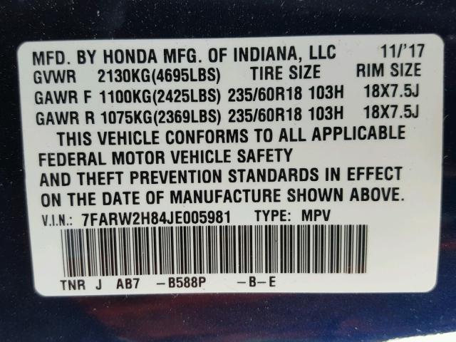 7FARW2H84JE005981 - 2018 HONDA CR-V EXL BLUE photo 10