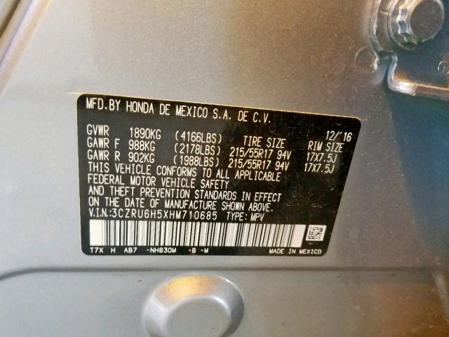 3CZRU6H5XHM710685 - 2017 HONDA HR-V EX SILVER photo 10