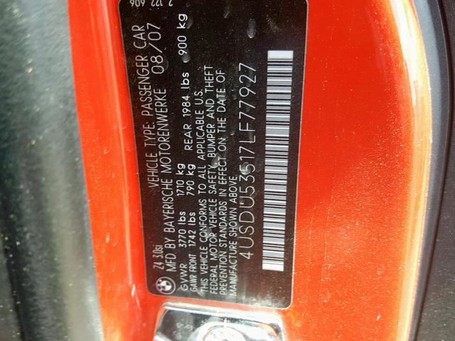 4USDU53517LF77927 - 2007 BMW Z4 3.0SI RED photo 10