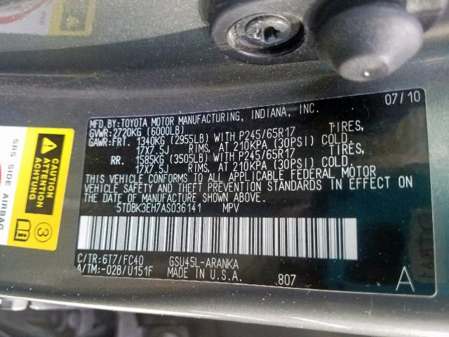 5TDBK3EH7AS036141 - 2010 TOYOTA HIGHLANDER TEAL photo 10