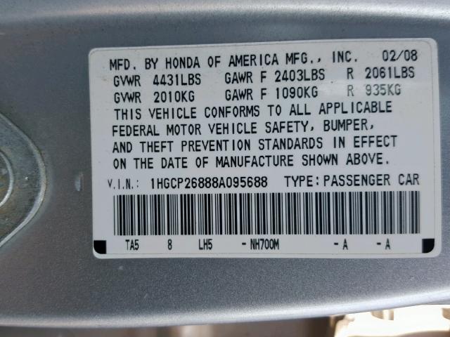 1HGCP26888A095688 - 2008 HONDA ACCORD EXL SILVER photo 10