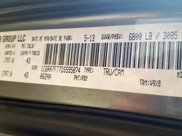 1C6RR7FT7DS595874 - 2013 DODGE 1500 QUAD GRAY photo 10