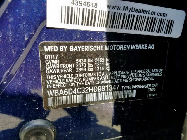 WBA6D4C32HD981347 - 2017 BMW 650 I BLUE photo 10