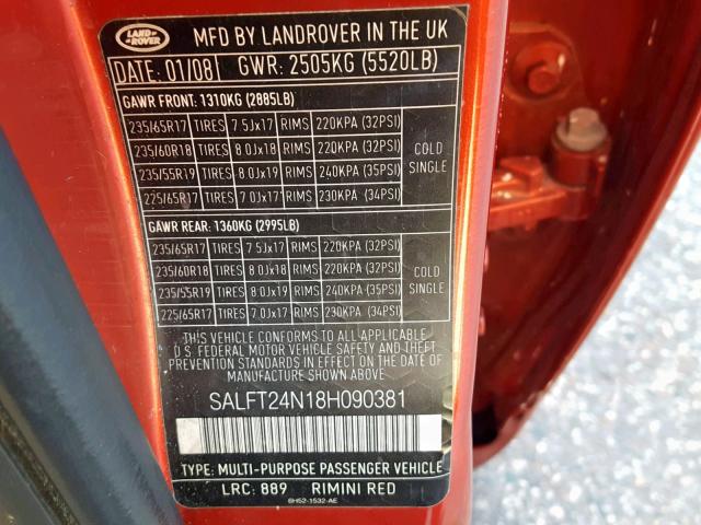 SALFT24N18H090381 - 2008 LAND ROVER LR2 HSE TE RED photo 10