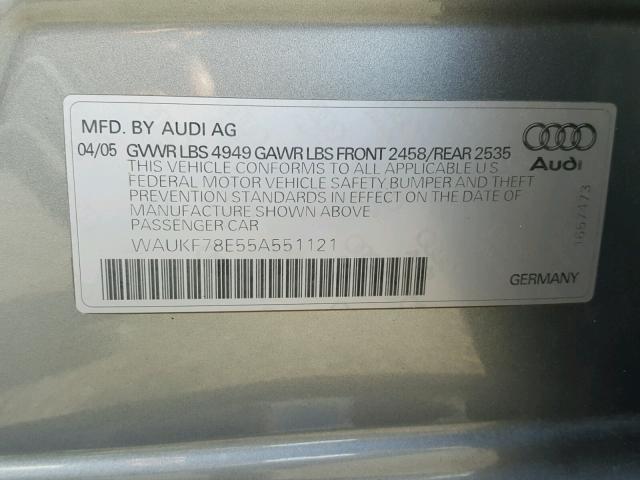 WAUKF78E55A551121 - 2005 AUDI A4 2.0T AV GRAY photo 10