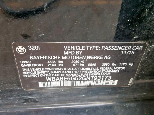 WBA8E5G52GNT93173 - 2016 BMW 320 XI BLACK photo 10