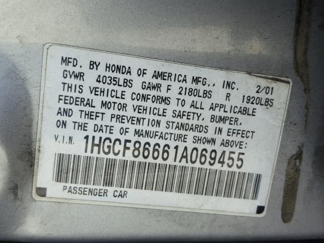 1HGCF86661A069455 - 2001 HONDA ACCORD VAL SILVER photo 10