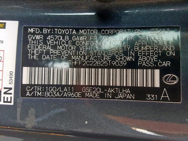 JTHFF2C22B2519039 - 2011 LEXUS IS 250 GRAY photo 10