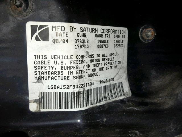 1G8AJ52F34Z231194 - 2004 SATURN ION LEVEL RED photo 10