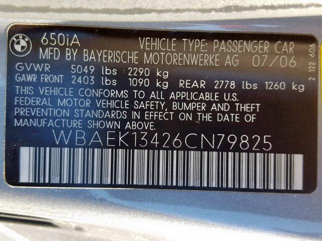 WBAEK13426CN79825 - 2006 BMW 650 I GRAY photo 10