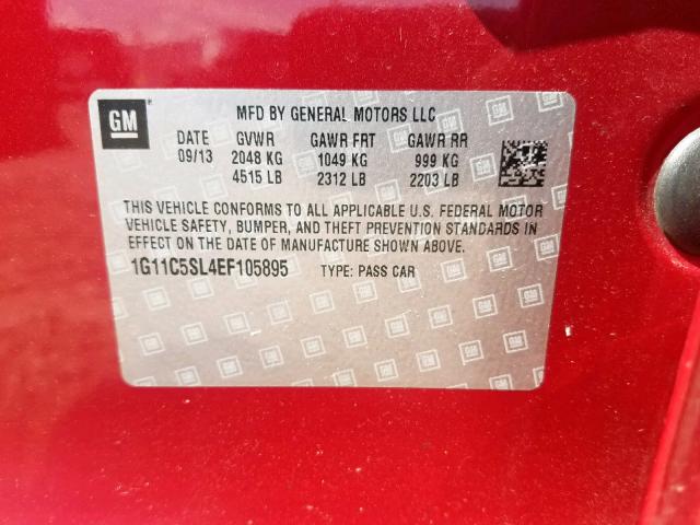 1G11C5SL4EF105895 - 2014 CHEVROLET MALIBU 1LT RED photo 10