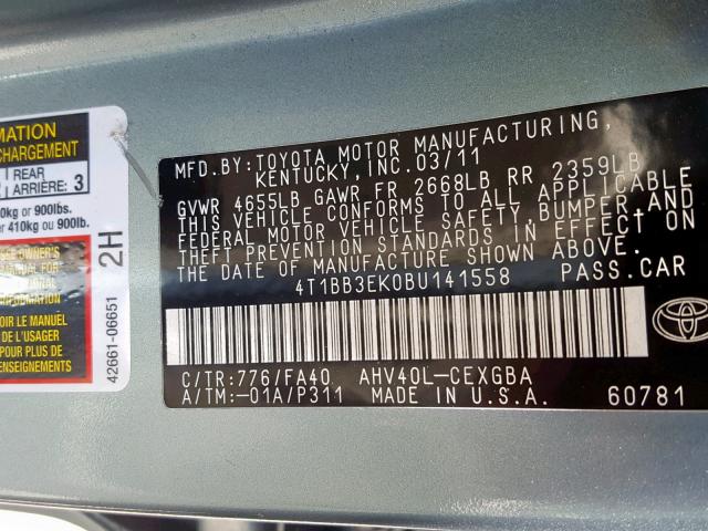 4T1BB3EK0BU141558 - 2011 TOYOTA CAMRY HYBR GRAY photo 10