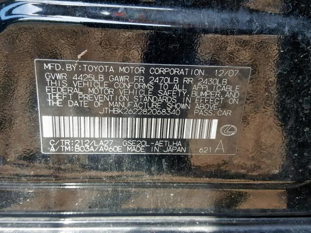 JTHBK262282068340 - 2008 LEXUS IS 250 BLACK photo 10