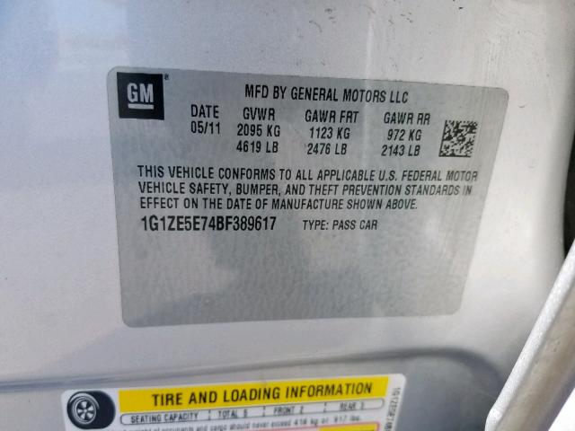 1G1ZE5E74BF389617 - 2011 CHEVROLET MALIBU LTZ 银色 照片 10