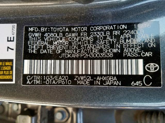 JTDKARFP2H3003538 - 2017 TOYOTA PRIUS PRIM 石墨色 照片 10