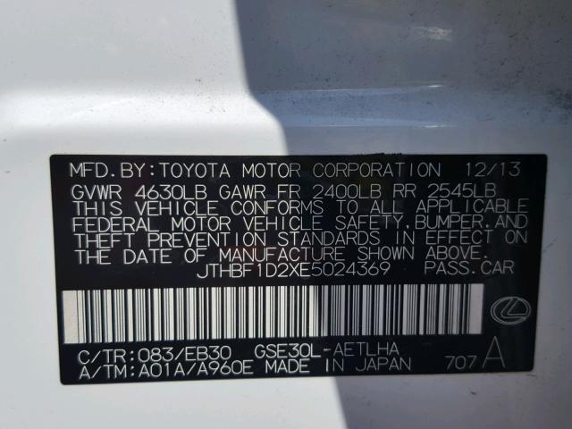 JTHBF1D2XE5024369 - 2014 LEXUS IS 250 WHITE photo 10