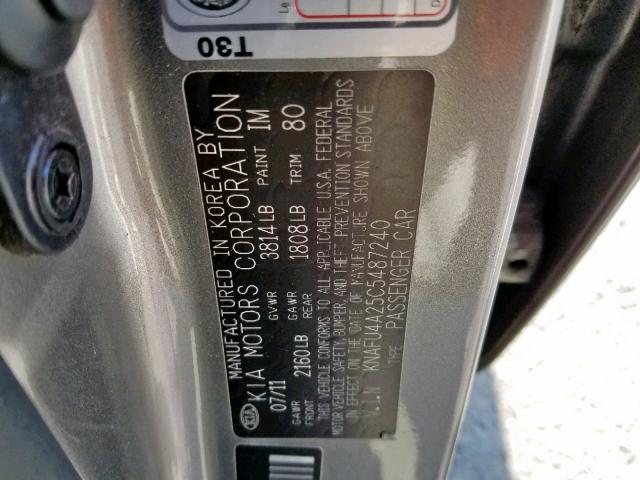 KNAFU4A25C5487240 - 2012 KIA FORTE EX SILVER photo 10