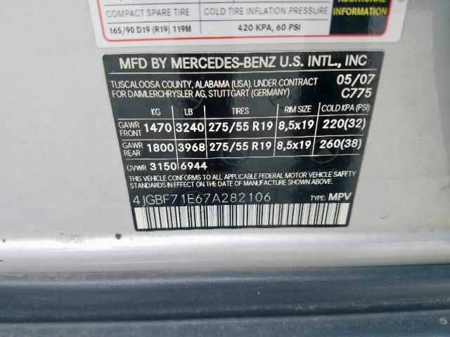 4JGBF71E67A282106 - 2007 MERCEDES-BENZ GL 450 4MA SILVER photo 10