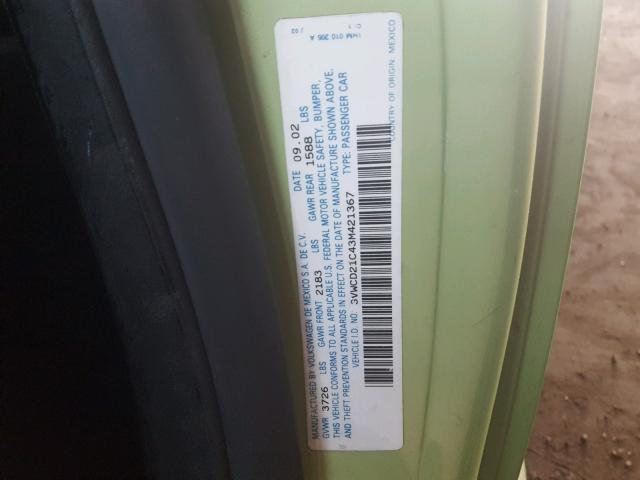 3VWCD21C43M421367 - 2003 VOLKSWAGEN NEW BEETLE 绿色 照片 10