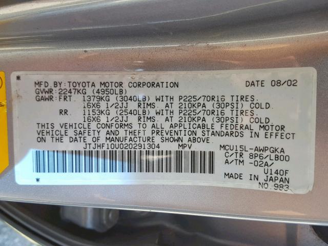 JTJHF10U020291304 - 2002 LEXUS RX 300 SILVER photo 10